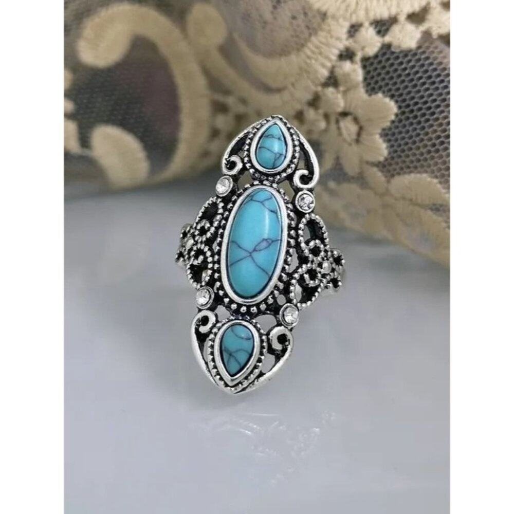 Boho Vintage Style Turquoise Stone Carved Fashion Ring Size 8 Silver Blue A0135 - Picture 1 of 15